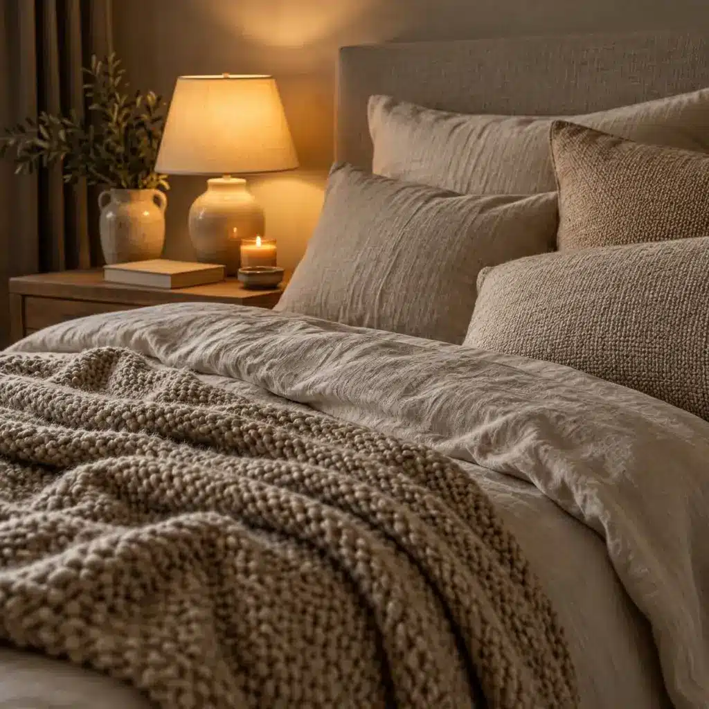 Cozy bedroom with neutral bedding, woven blanket, wooden nightstand, and warm lamp lighting