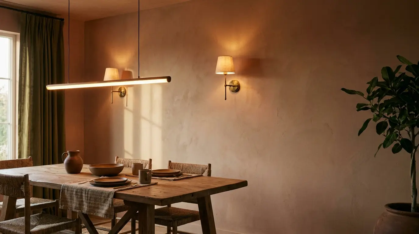 Rustic dining table with ceramic plates and jug in softly lit room with terracotta walls