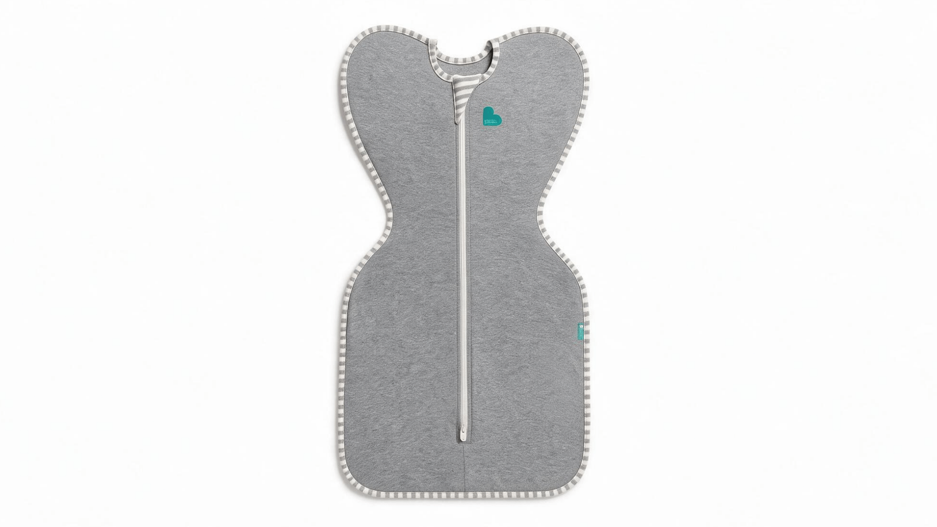 gray baby swaddle sleep sack with winged arms and front zipper on a white background