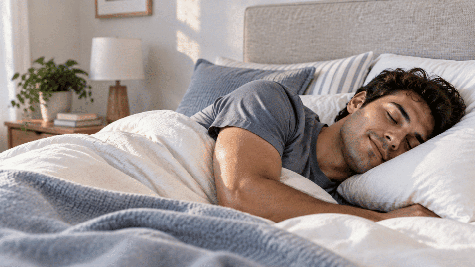 A man sleeping peacefully in bed while dreaming in a cozy softly lit bedroom.