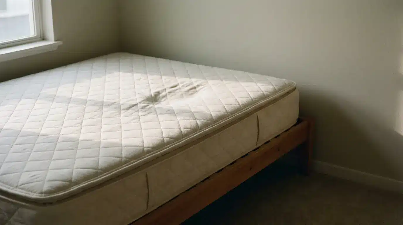Mattress with quilted cover on wooden bed frame in a sunlit bedroom corner