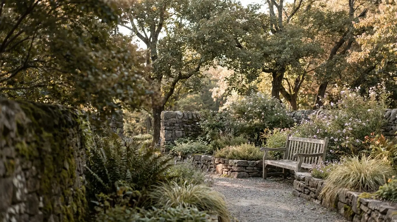 Wooden bench surrounded by lush greenery and stone walls in a tranquil garden setting