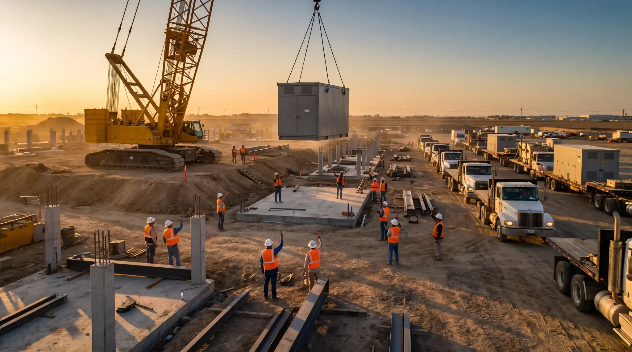 Construction workers overseeing crane lifting large unit at dusty site during sunset