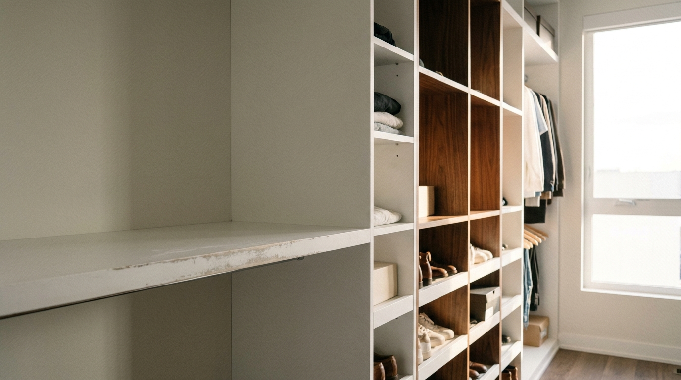 Organized walk-in closet with wooden shelves and hanging clothes under natural light