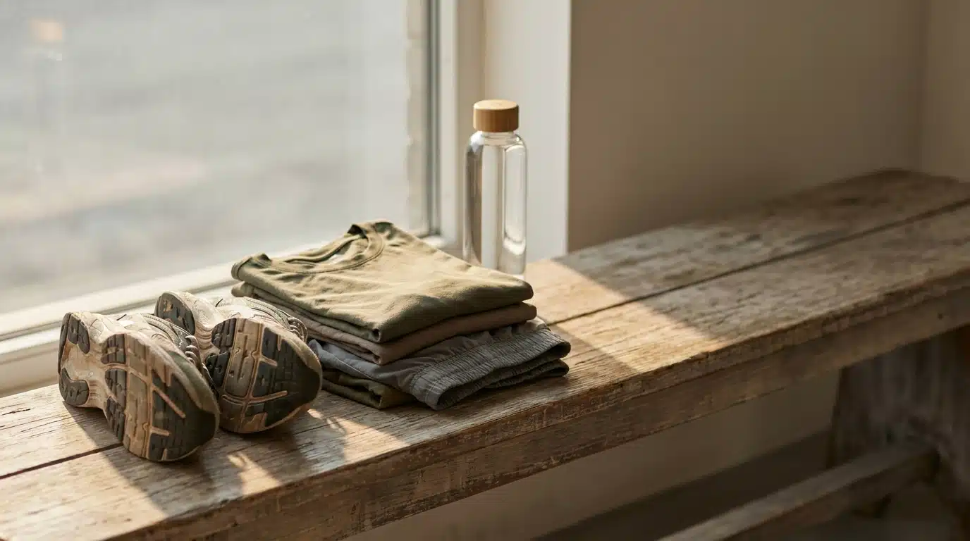 Folded clothes, sneakers, and water bottle on rustic wooden bench by window in natural light