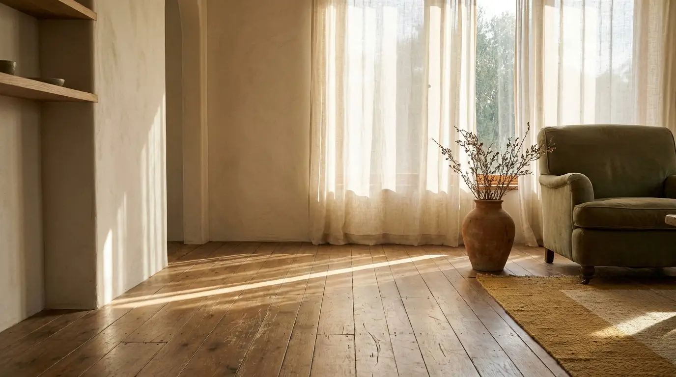 Cozy living room with green armchair, wooden floor, and sheer curtains allowing warm sunlight