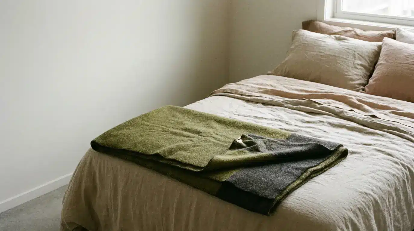 Bed with green and gray wool blanket in minimalistic bedroom with natural light