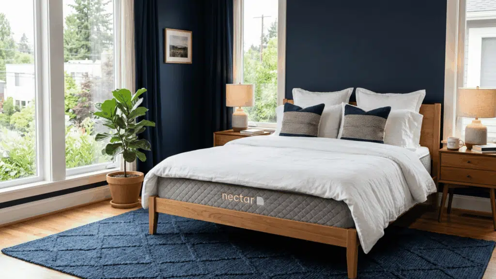 Nectar mattress in a modern bedroom setup with white bedding, wooden frame, and natural lighting.