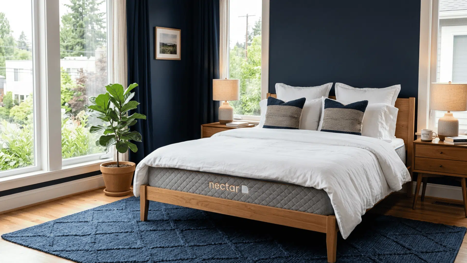 Nectar mattress in a modern bedroom setup with white bedding, wooden frame, and natural lighting.