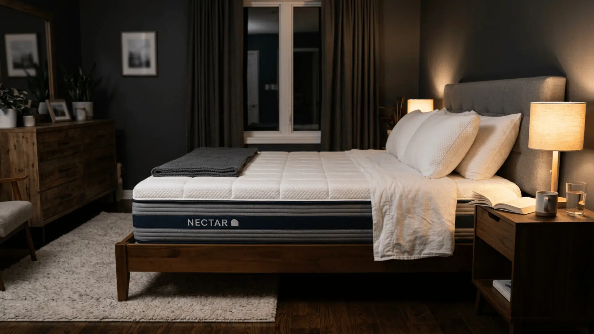 Nectar mattress on a polished bed in a softly lit bedroom representing trial, returns, and warranty.
