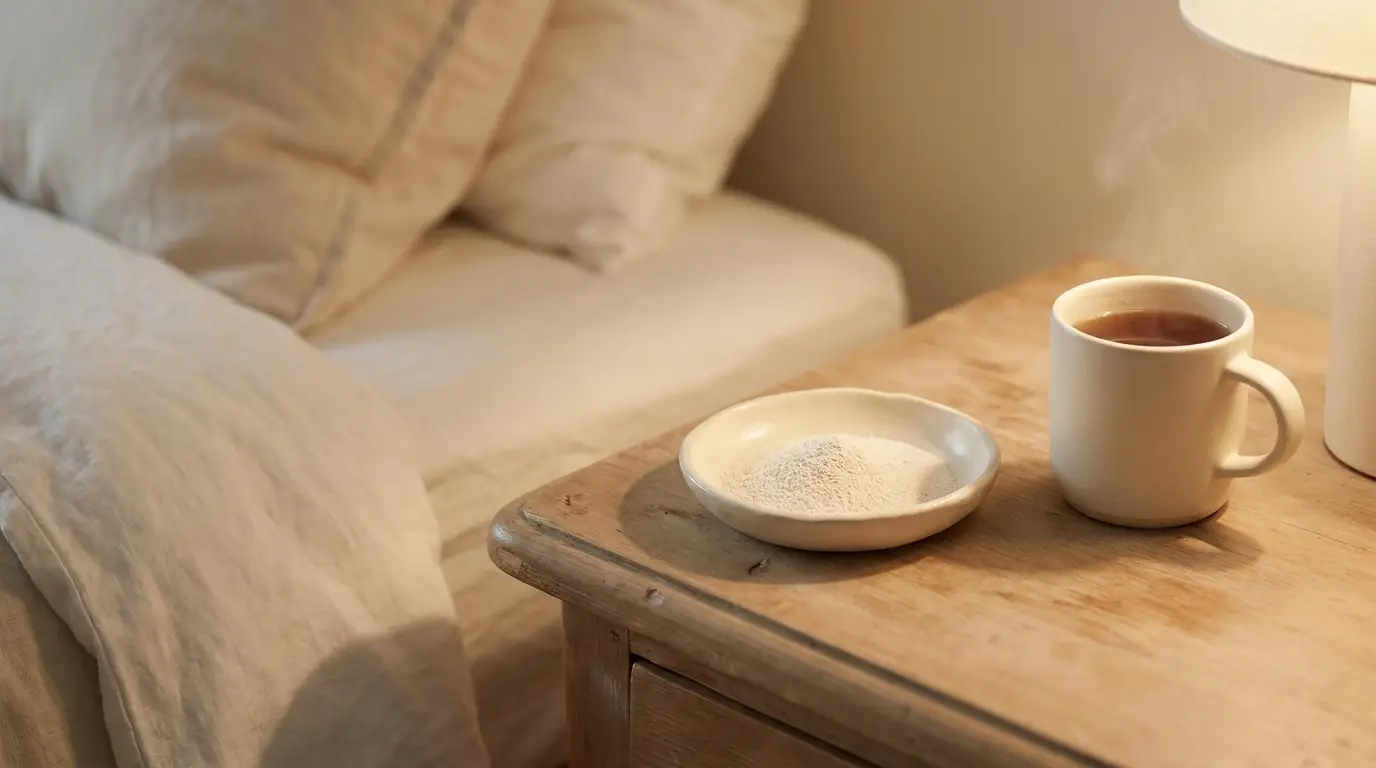 Steaming cup of tea and small bowl on wooden bedside table in cozy bedroom setting