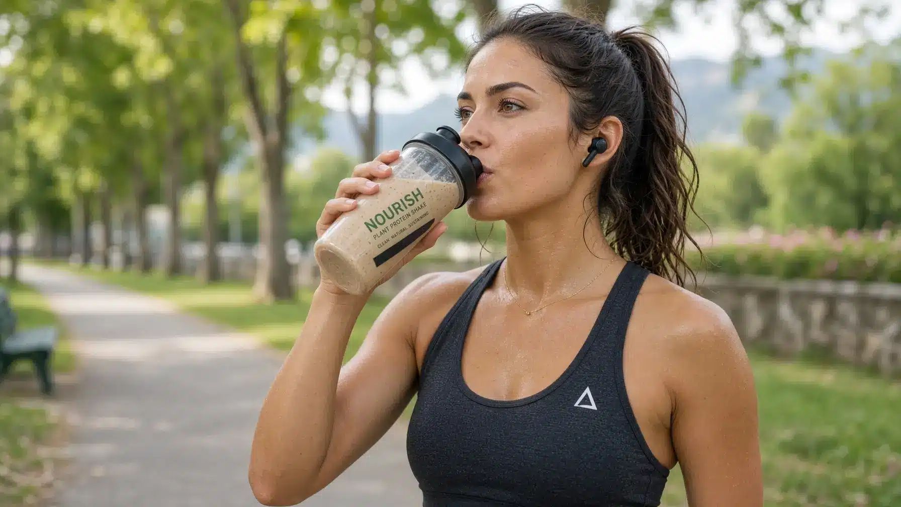 Woman drinking plant protein shake outdoors on a path with green trees in the background