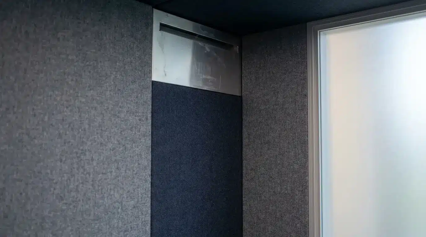 Acoustic padded walls and frosted glass window in a compact office space