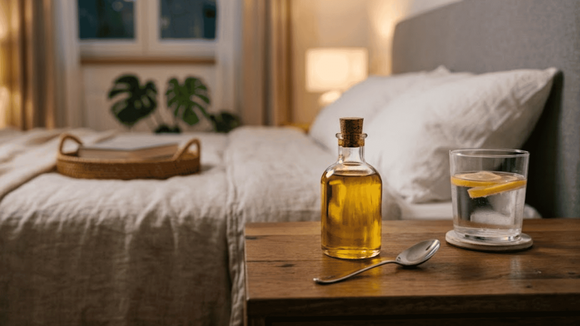A small glass bottle of olive oil, a spoon, and lemon water on a bedside nightstand with a soft bedroom background.