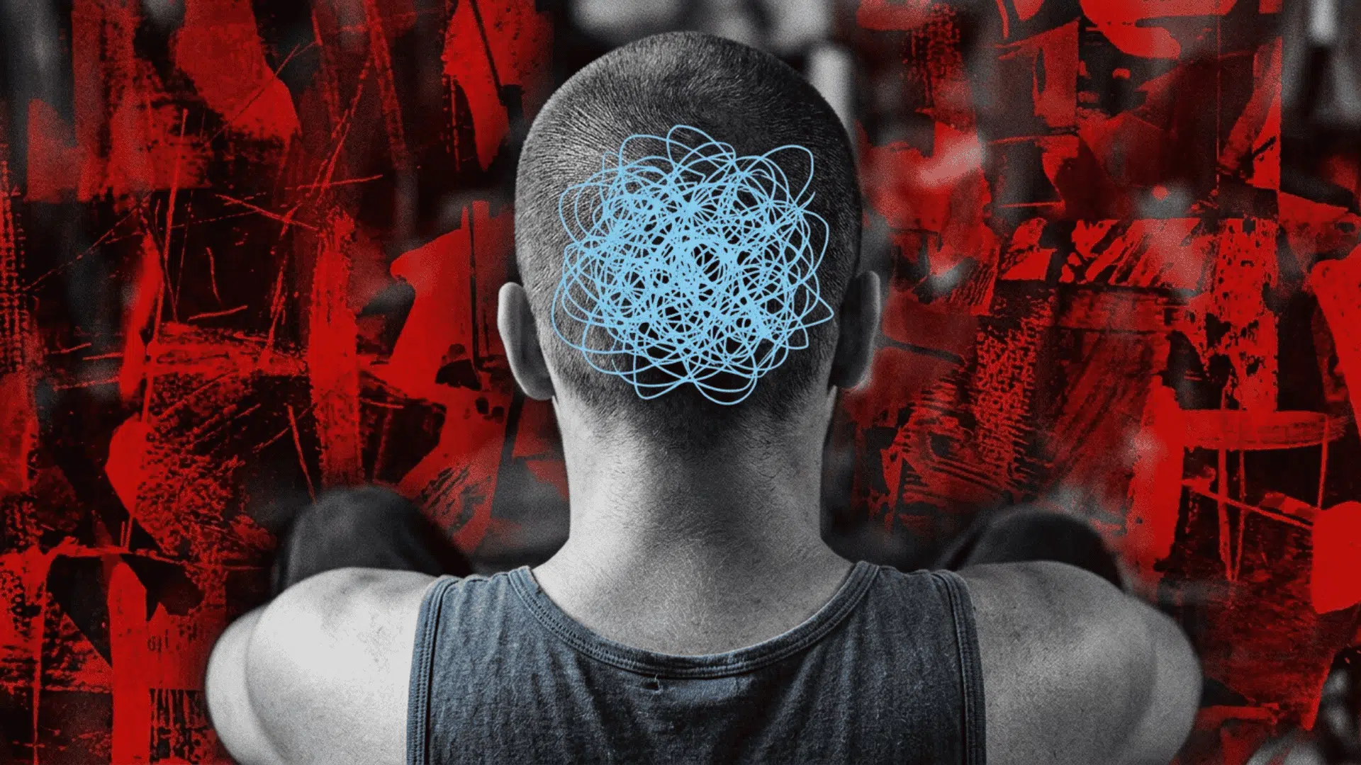 Person seen from behind with a scribble over their head, symbolizing mental overwhelm