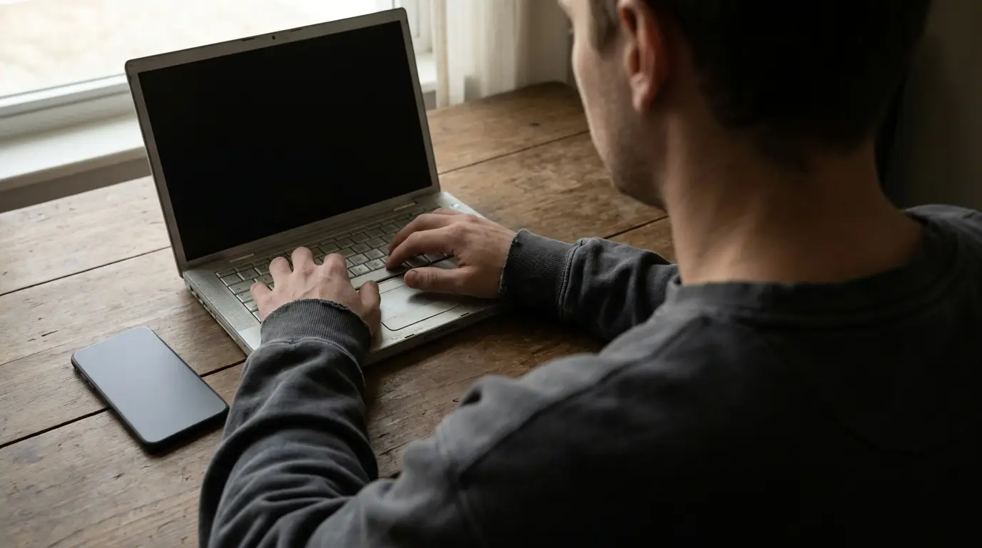 Person typing on a laptop at wooden table with smartphone nearby