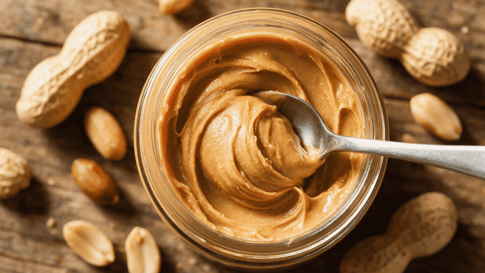 open jar of creamy peanut butter with a spoon surrounded by whole and shelled peanuts.