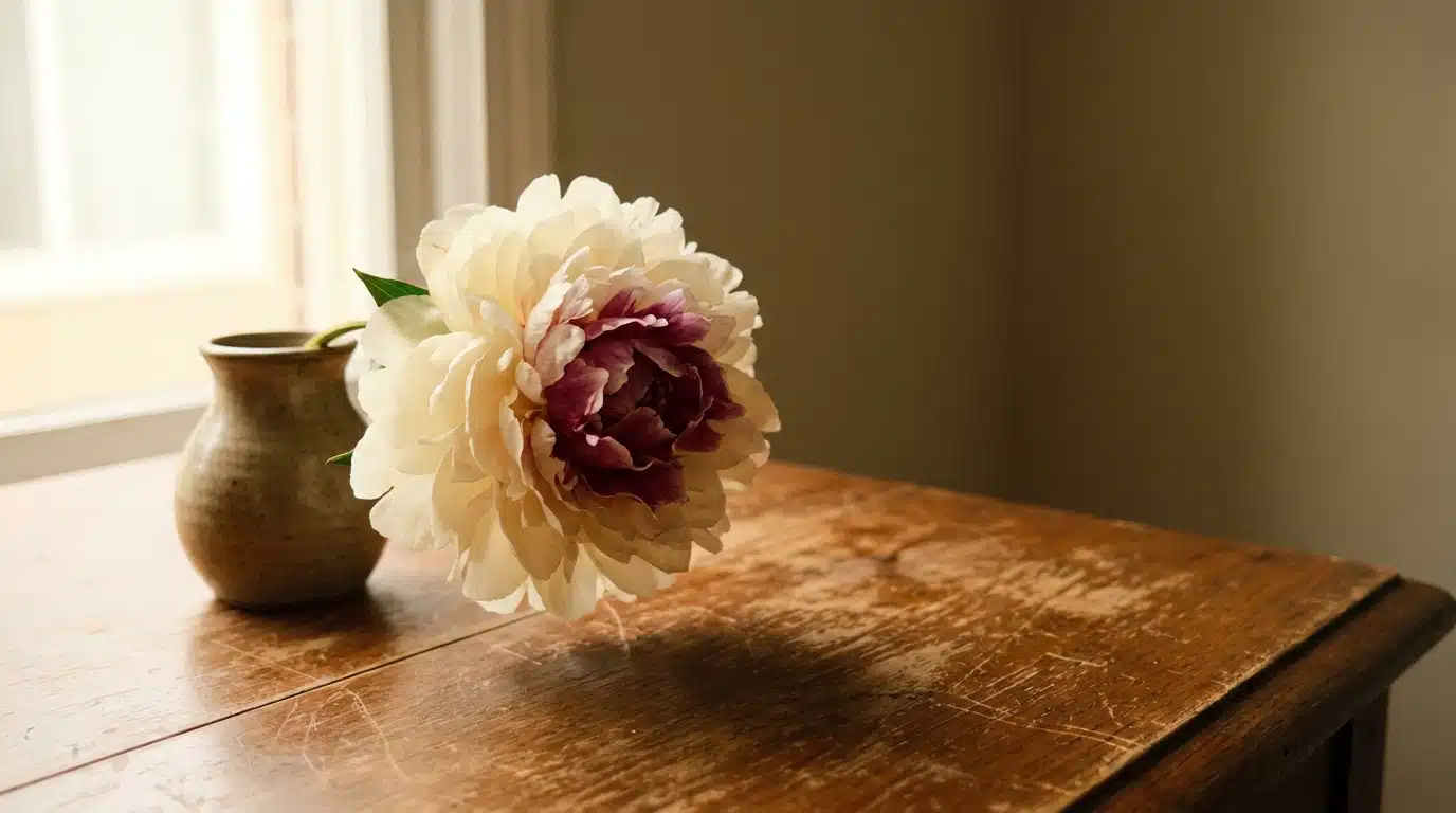Peony bloom in rustic vase on wooden table near window