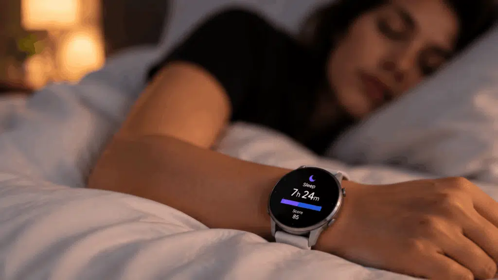 person sleeping in bed while a smartwatch clearly displays overnight sleep tracking data