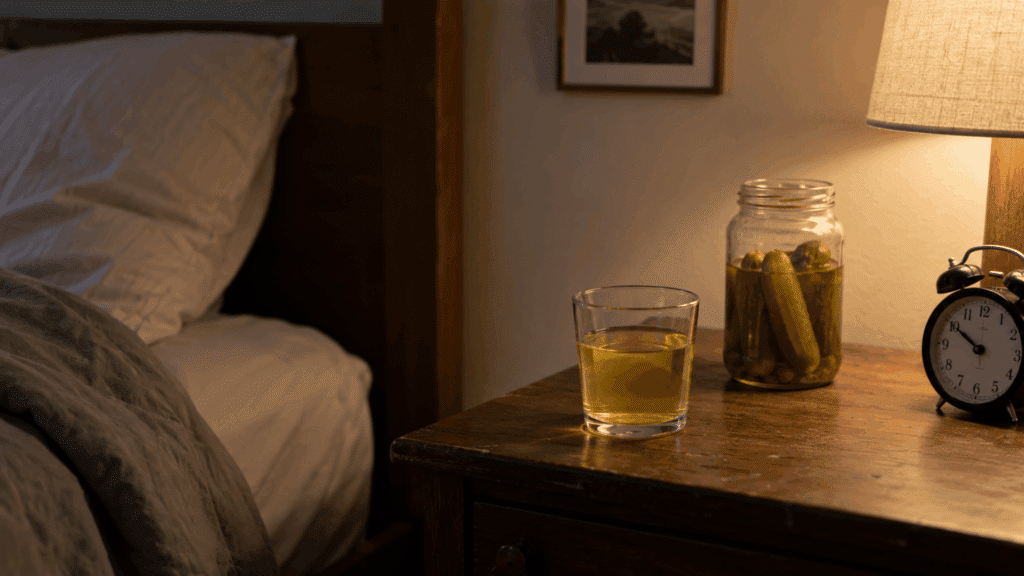 glass of pickle juice and open pickle jar on a bedside table beside a bed and alarm clock