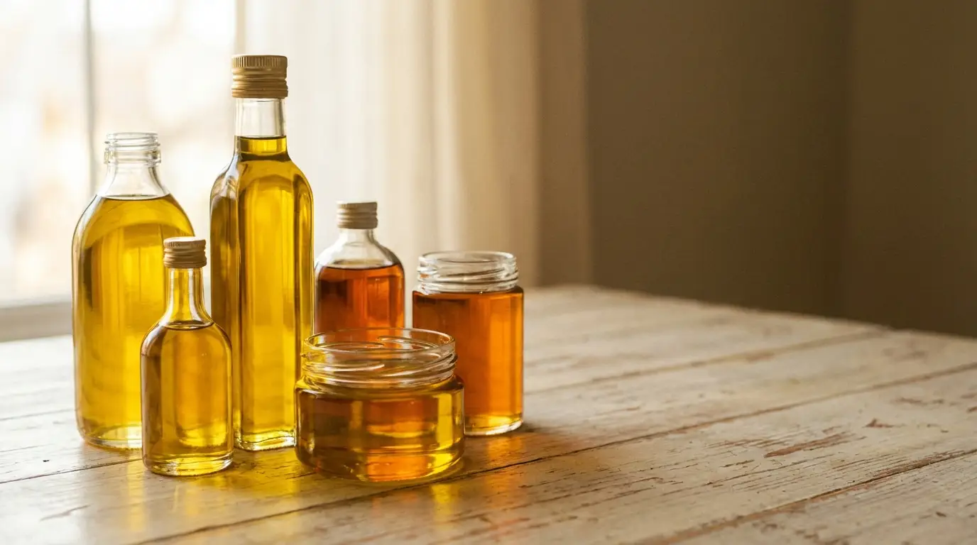 Bottles of various oils on rustic wooden table in natural light