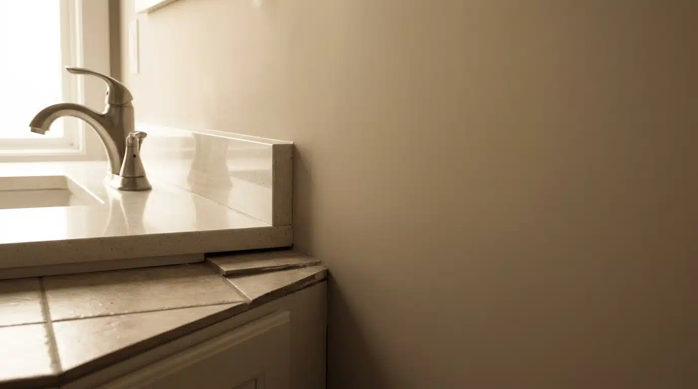 Beige countertop with stainless steel faucet in bright, softly lit room