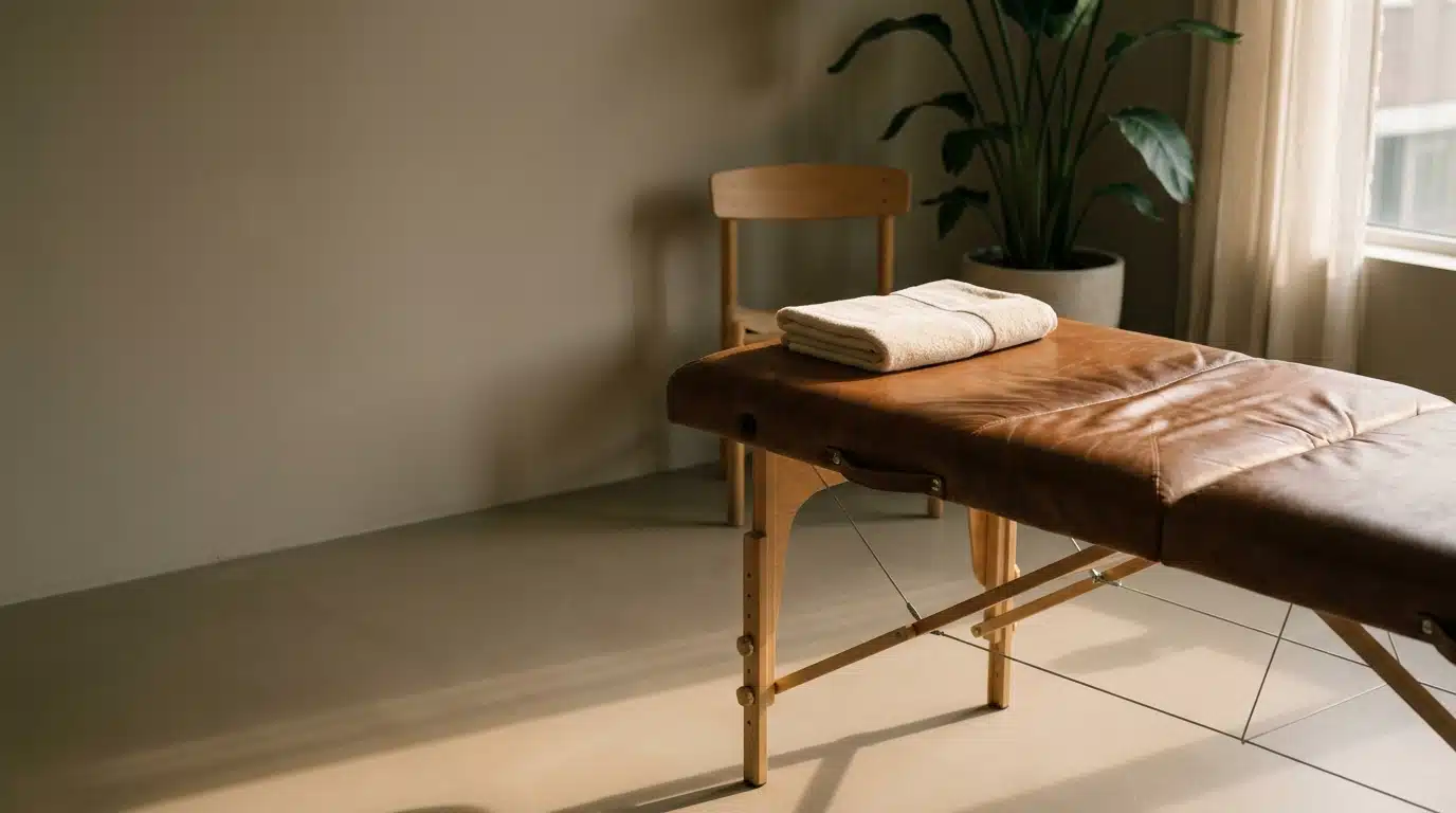 Massage table with folded towel in serene room with potted plant and wooden chair