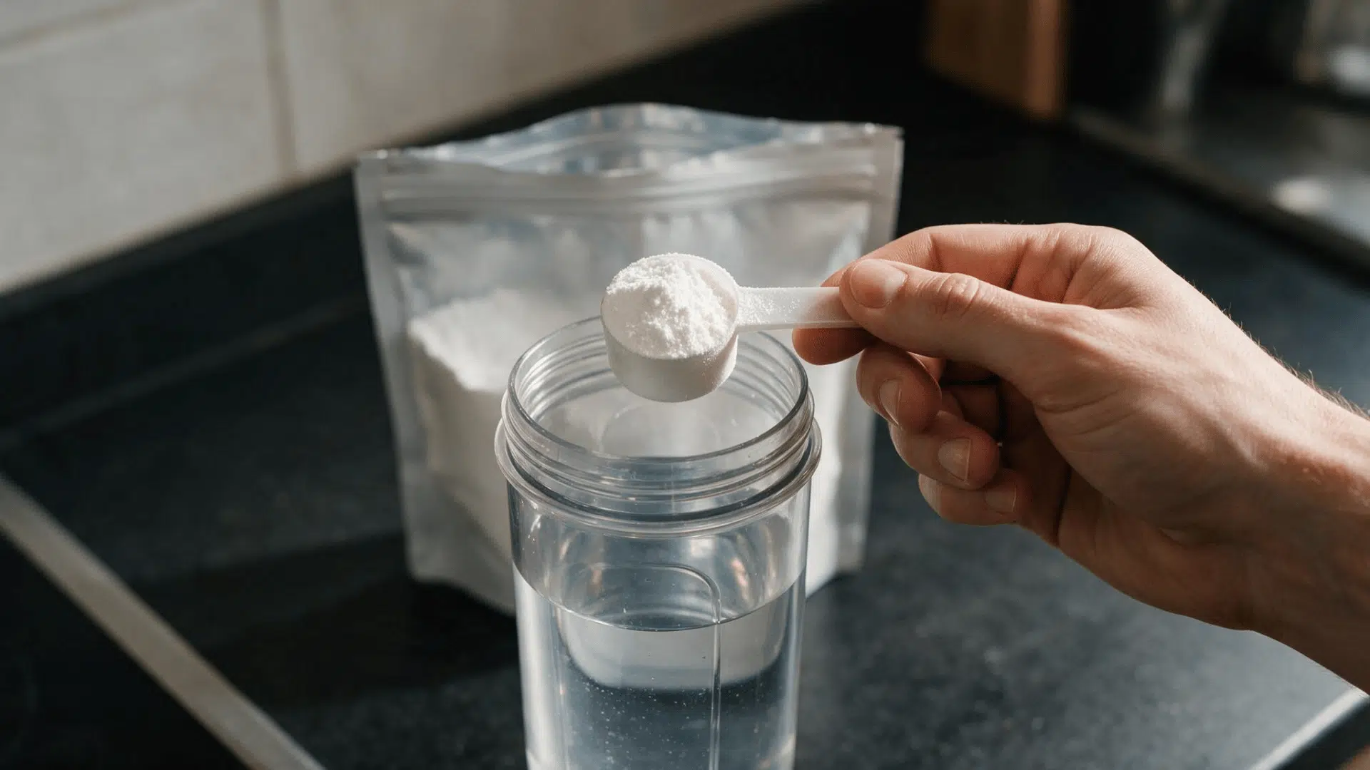 Hand holding a scoop of creatine powder above a water-filled shaker
