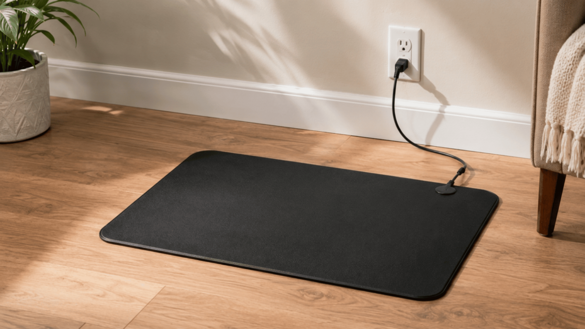 black grounding mat connected to a wall outlet on a wooden floor in a bright home interior