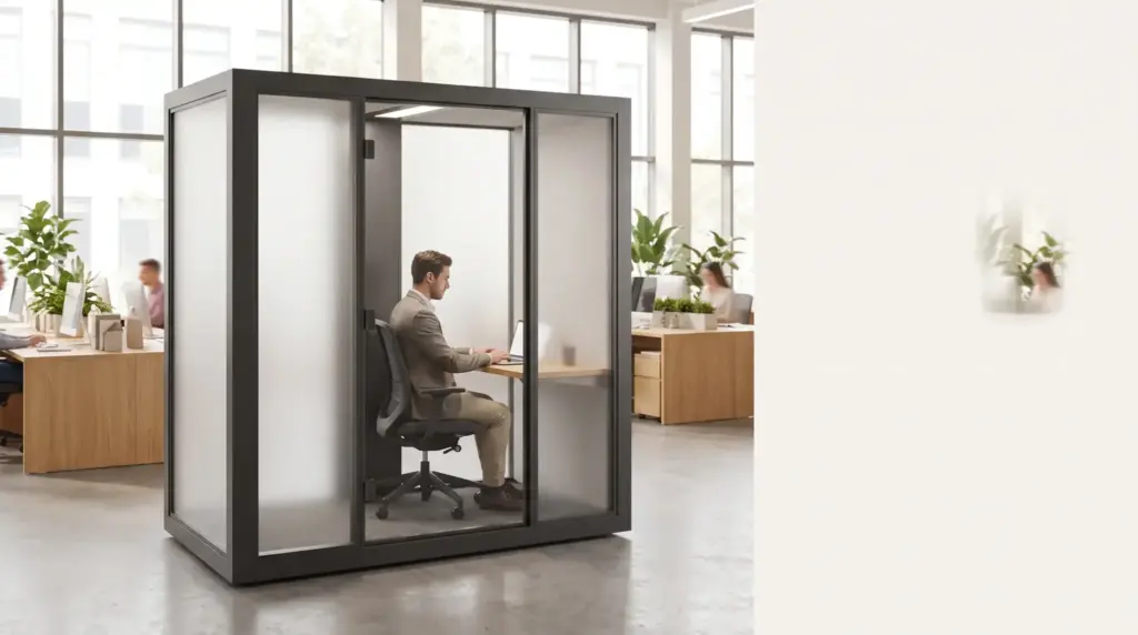 Person working inside a glass-walled office pod in a modern open-plan workspace