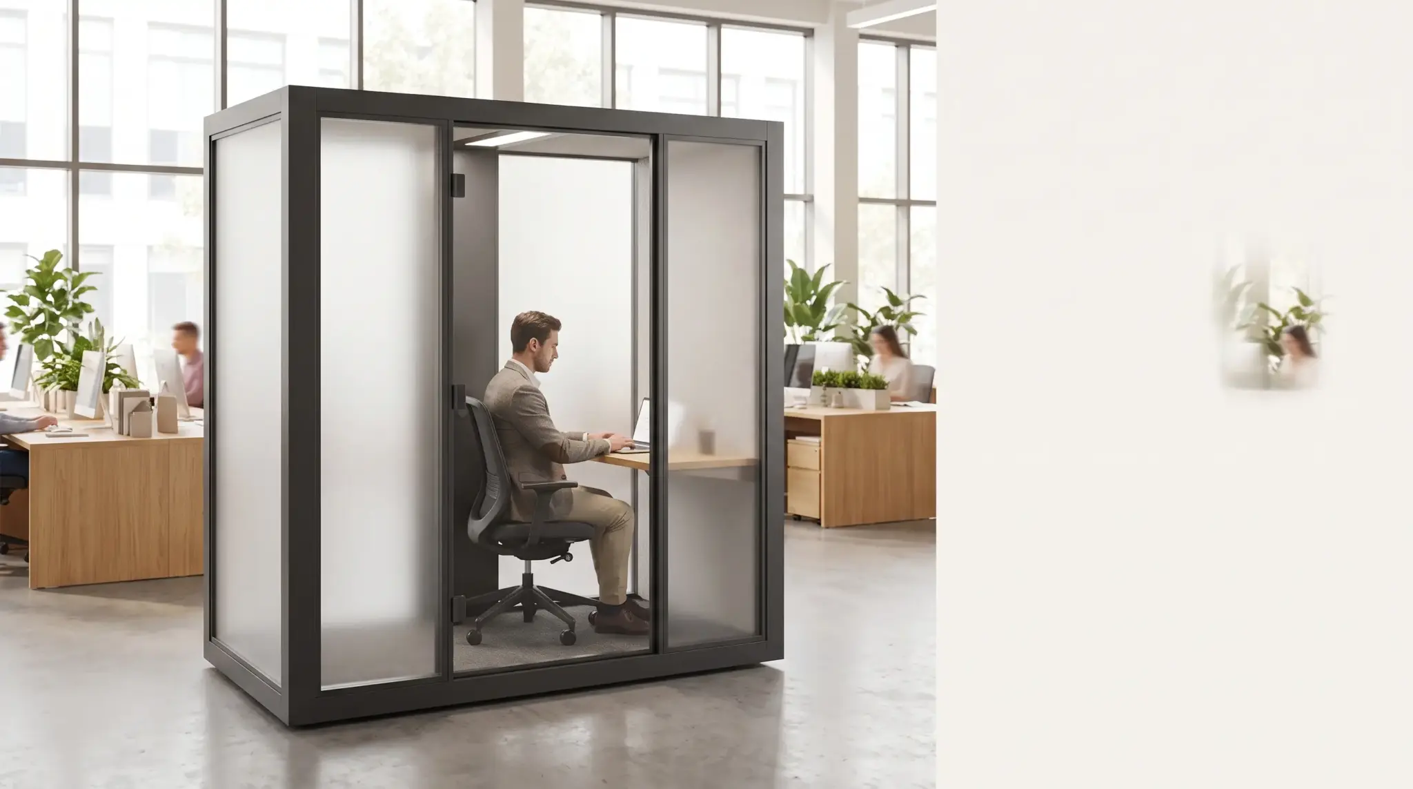 Person working inside a glass-walled office pod in a modern open-plan workspace