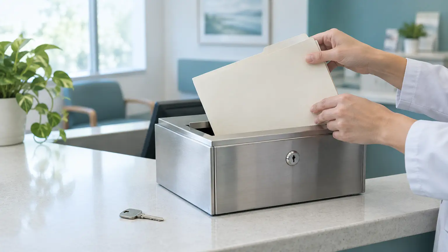 Hands placing document into stainless steel lockbox on a reception counter with potted plant nearby