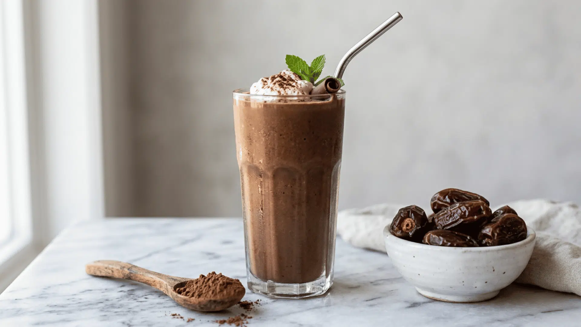 chocolate protein shake with cocoa powder and dates on a marble countertop