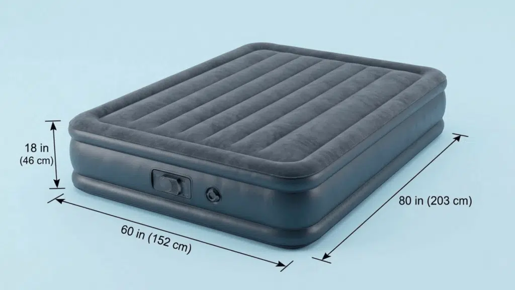 queen air mattress on light blue background showing labeled width, length and height measurements.