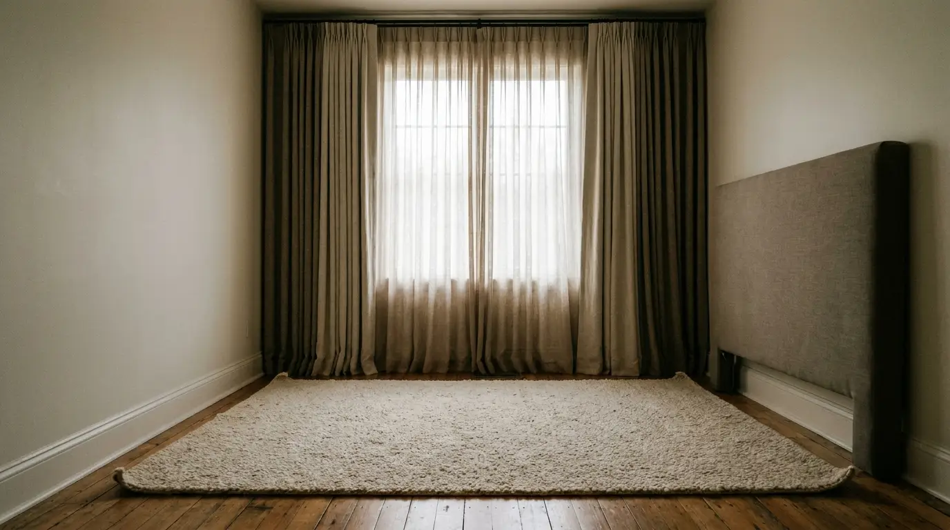 Empty room with sheer curtains, beige headboard, and a textured rug on wooden floor