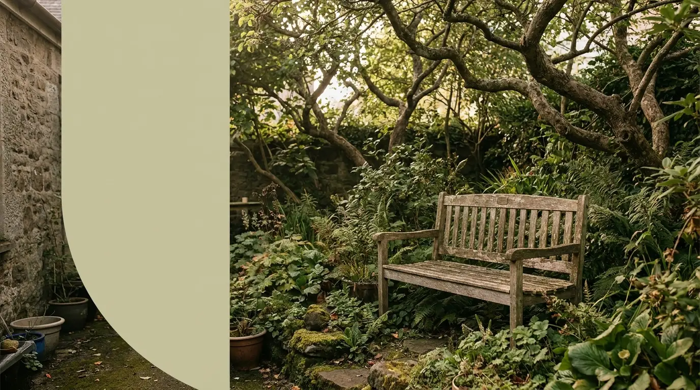 Wooden bench surrounded by lush greenery and trees in a peaceful garden setting