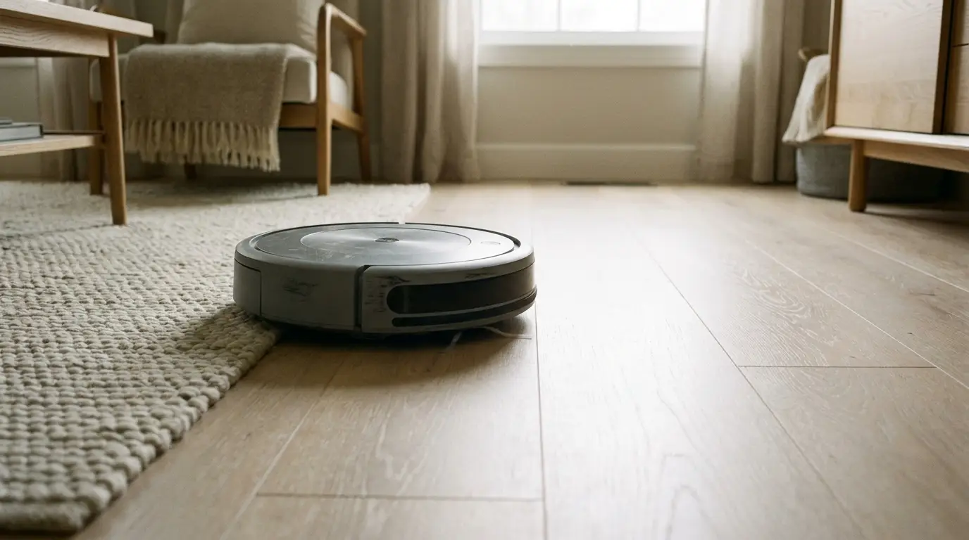 Robot vacuum cleaning hardwood floor in cozy living room with a beige sofa and textured rug