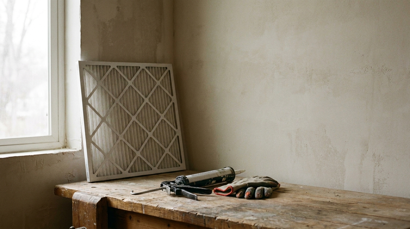 Air filter and caulk gun on rustic wooden table by a window in dimly lit room