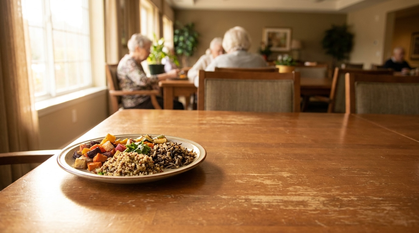 Plate of rice and roasted vegetables on wooden table in senior dining room