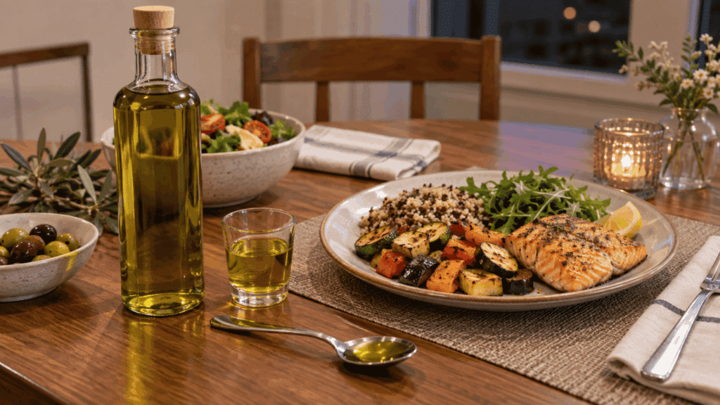Olive oil bottle, small glass, spoon, and meal plate on a dining table