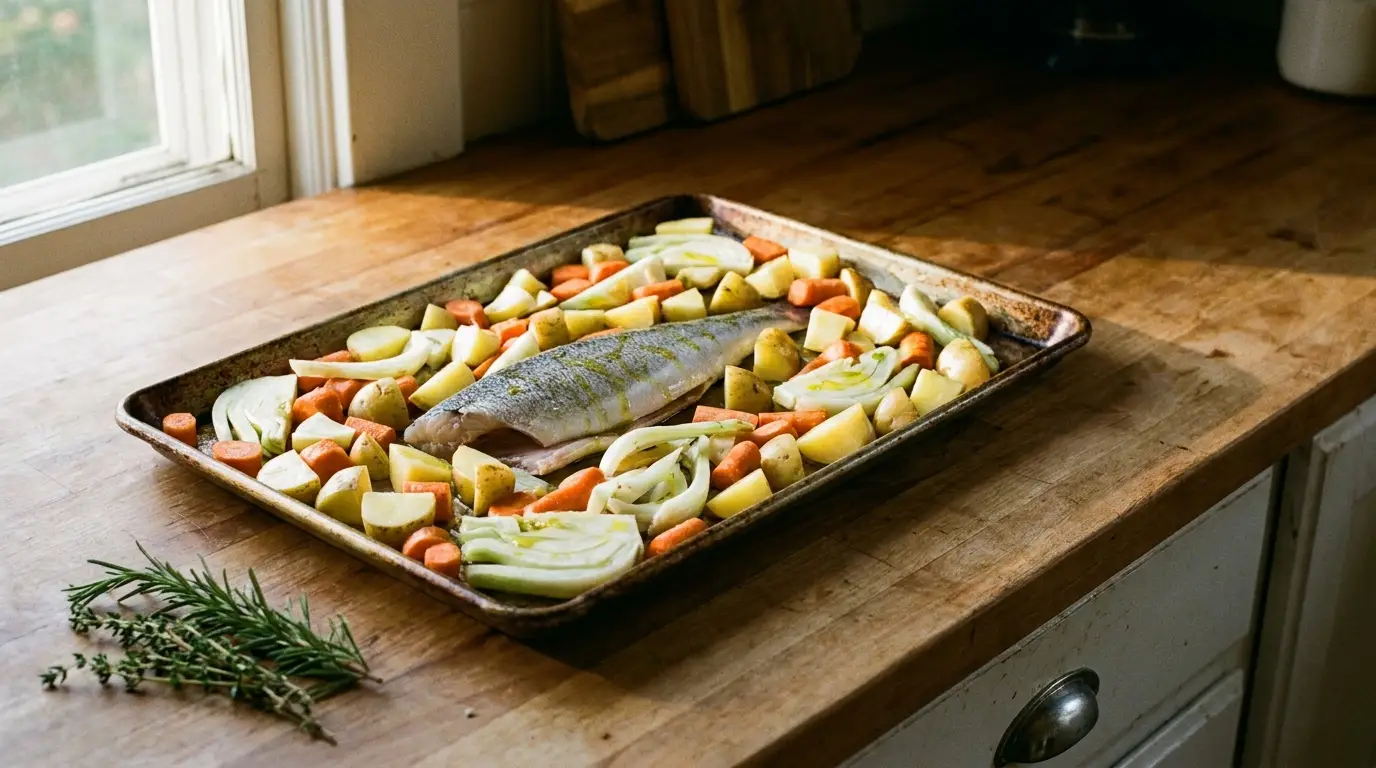 Whole fish with chopped vegetables on a baking tray in a rustic kitchen setting
