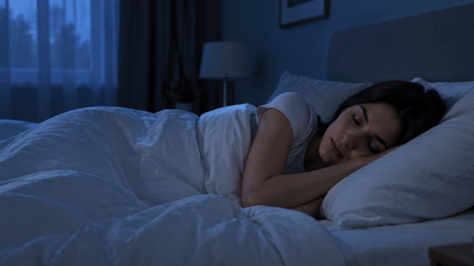 person lying awake during a possible sleep paralysis episode in a dark bedroom