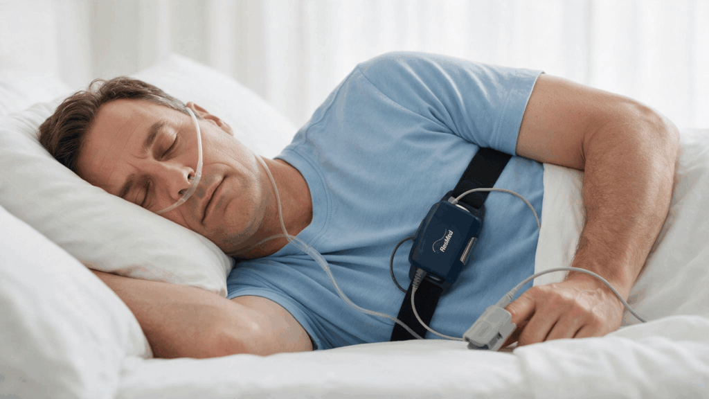 A man sleeping in bed wearing a ResMed home sleep apnea monitor, nasal cannula, and pulse oximeter.