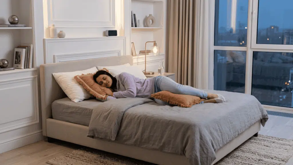 woman sleeping on her side with a pillow supporting her legs in a modern bedroom