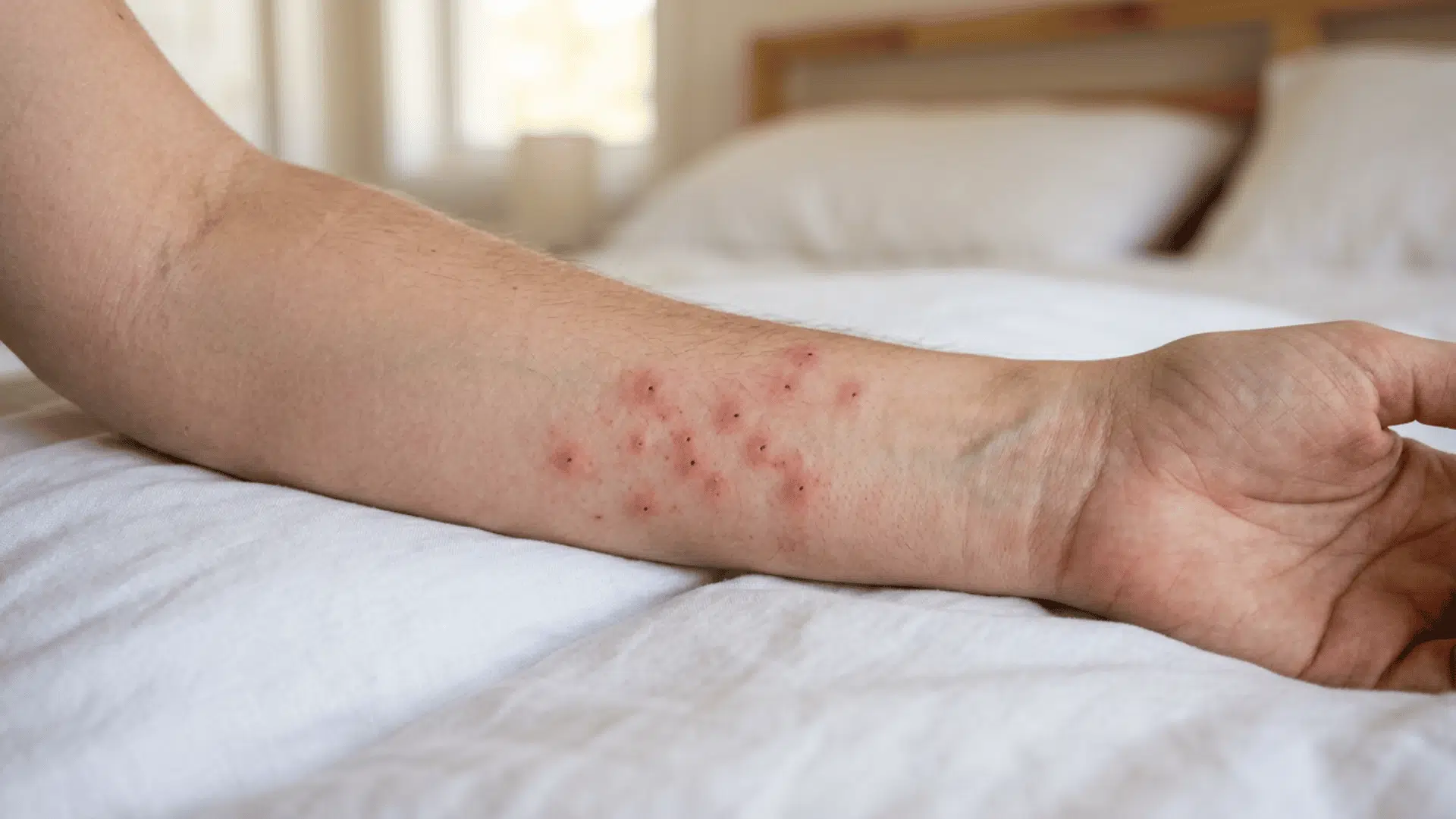 small red bed bug bites clustered on a person's forearm while resting on clean white bedding