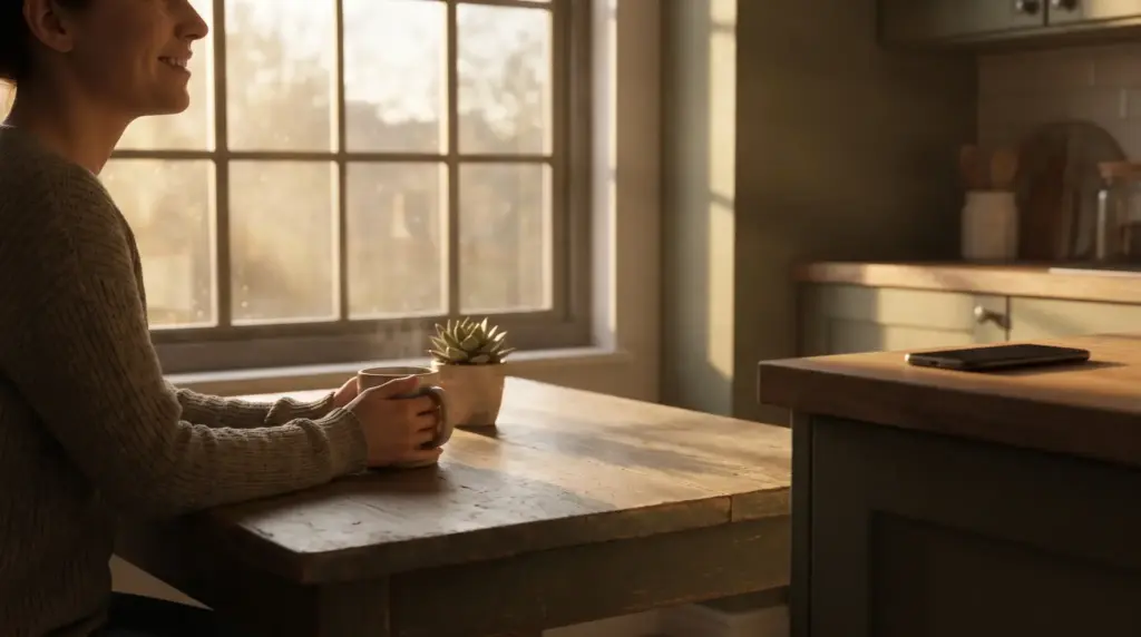 Person holding mug at wooden table with succulent in warm kitchen morning light