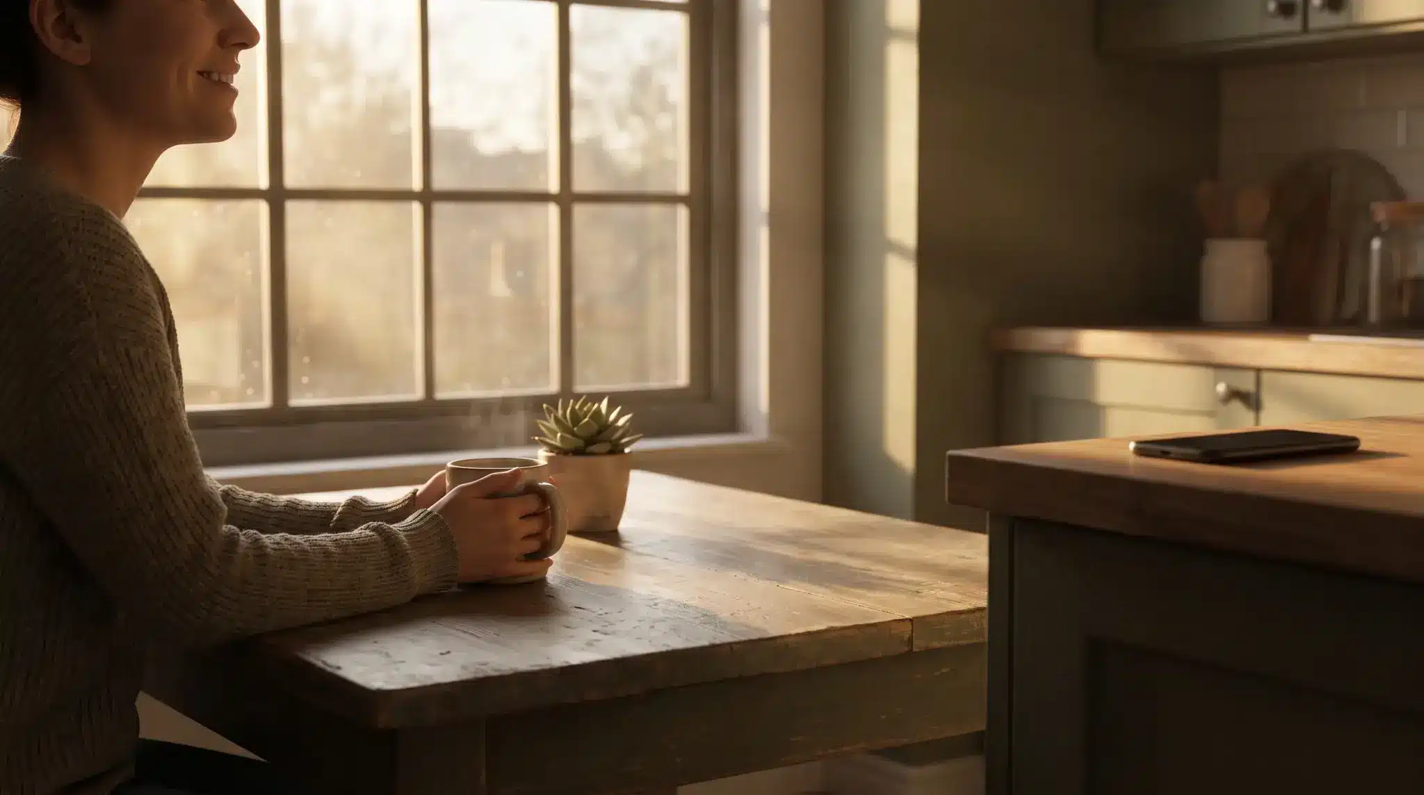 Person holding mug at wooden table with succulent in warm kitchen morning light