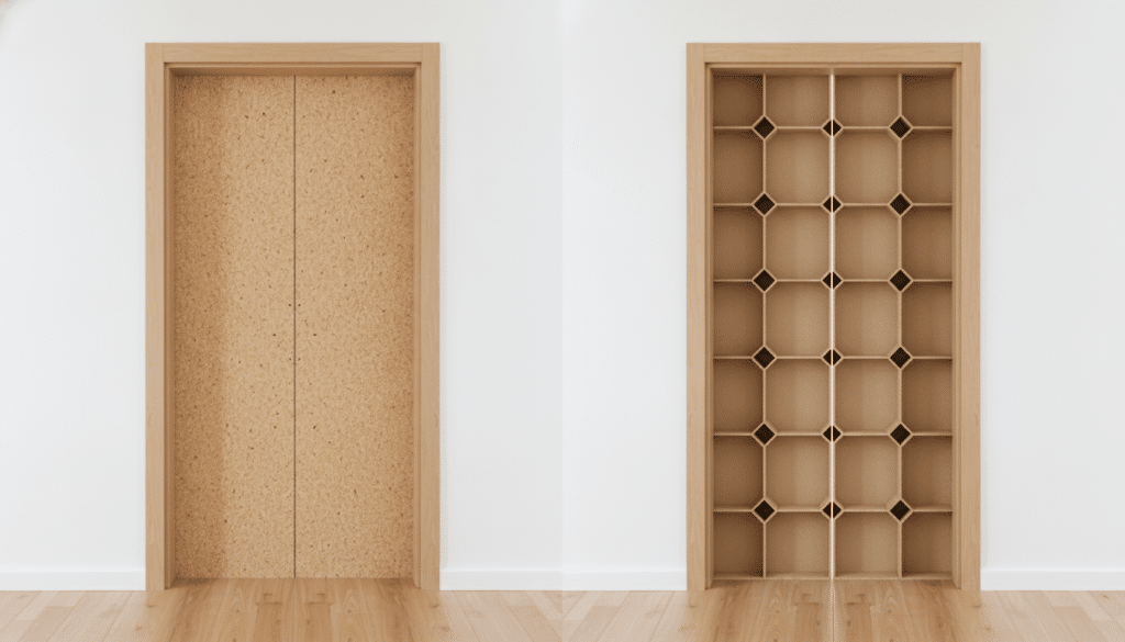 Pair of wooden elevator doors in white room with parquet flooring