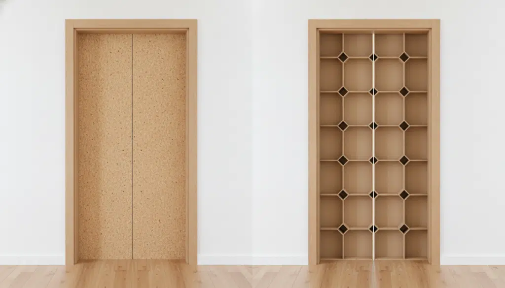 Pair of wooden elevator doors in white room with parquet flooring