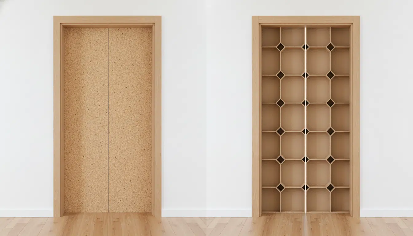 Pair of wooden elevator doors in white room with parquet flooring